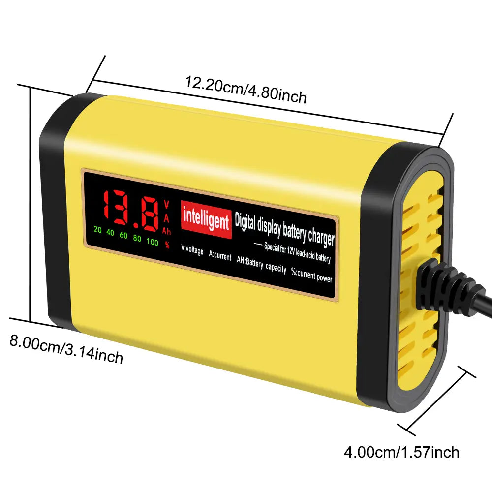 Cargador inteligente para batería de automóvil de 12 V amarillo y negro con pantalla digital para 2 A, AGM y gel, para baterías de plomo-ácido