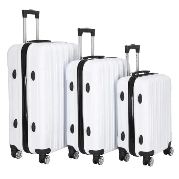 Set of three white hard-shell spinner suitcases with black trim and circular handles in a three piece hard shell suitcase set