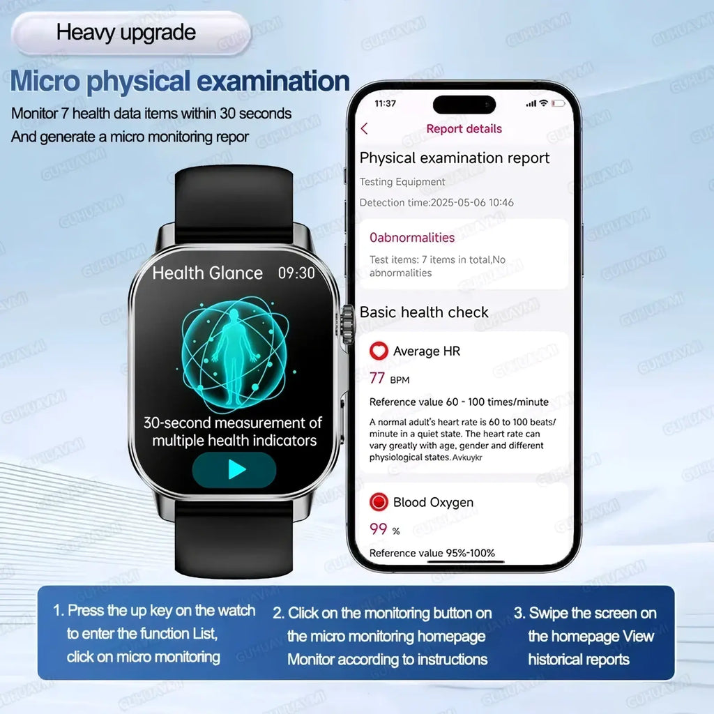 Black ecg health monitoring smartwatch with digital display showing blood pressure metrics and paired smartphone report