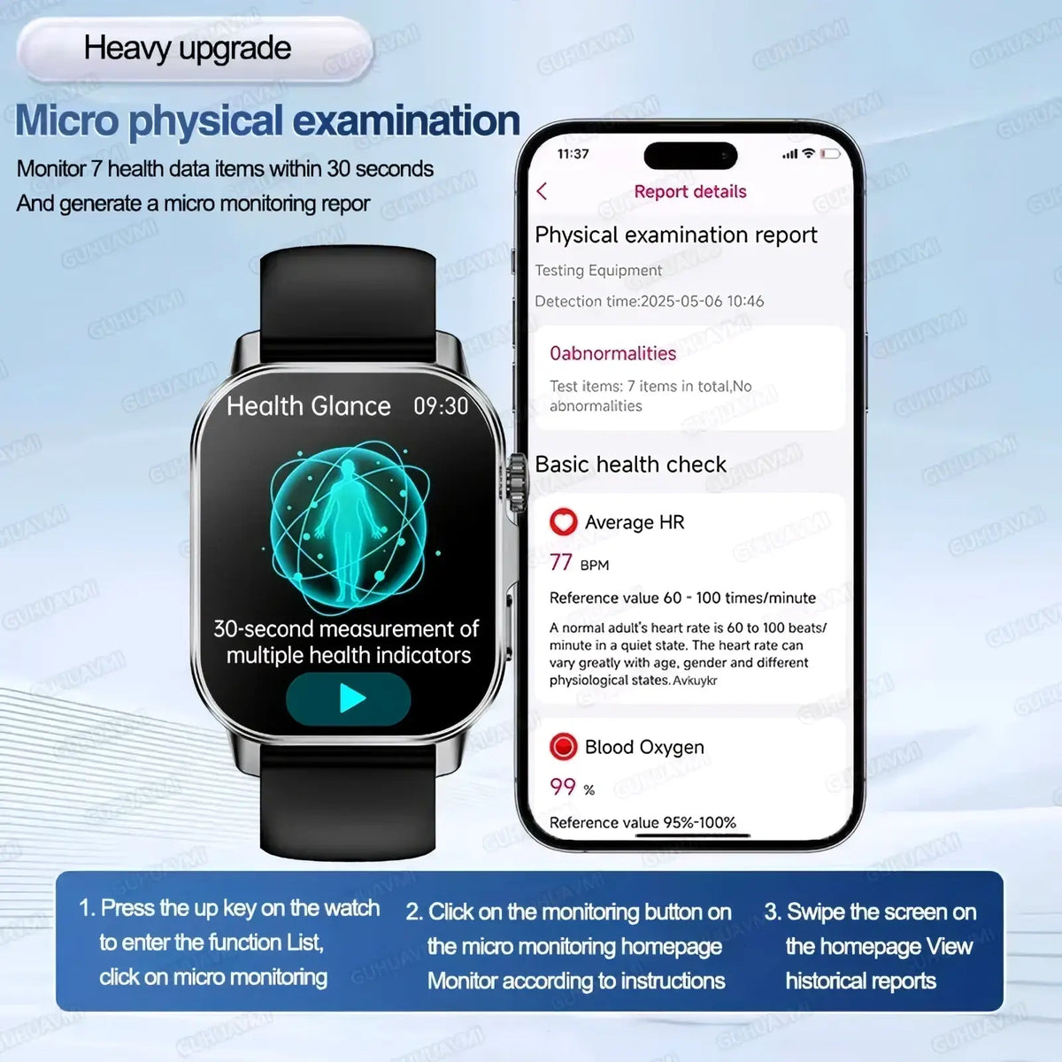 Black ecg health monitoring smartwatch with digital display showing blood pressure metrics and paired smartphone report