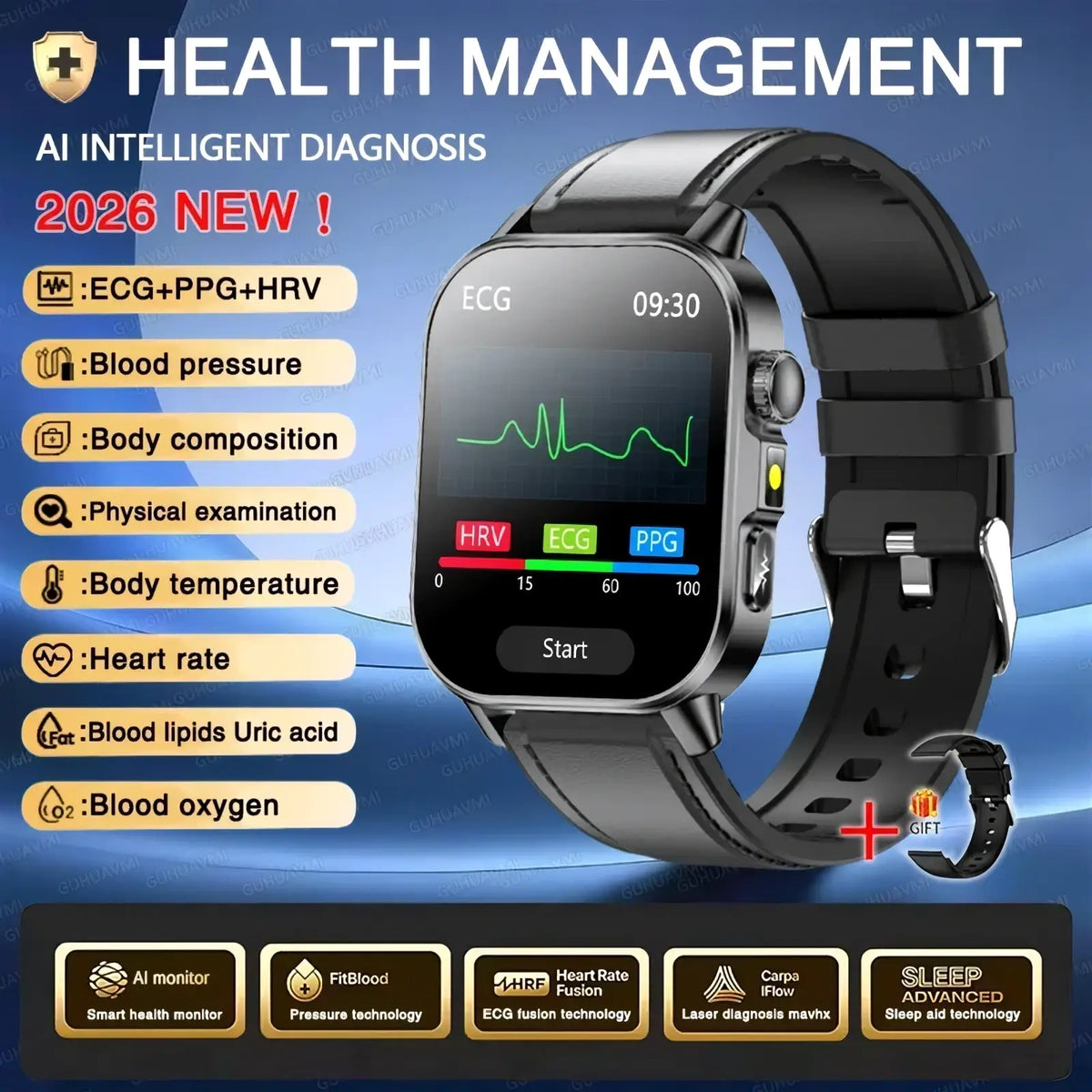 Black ecg health monitoring smart watch with rectangular screen and strap displaying blood pressure metrics