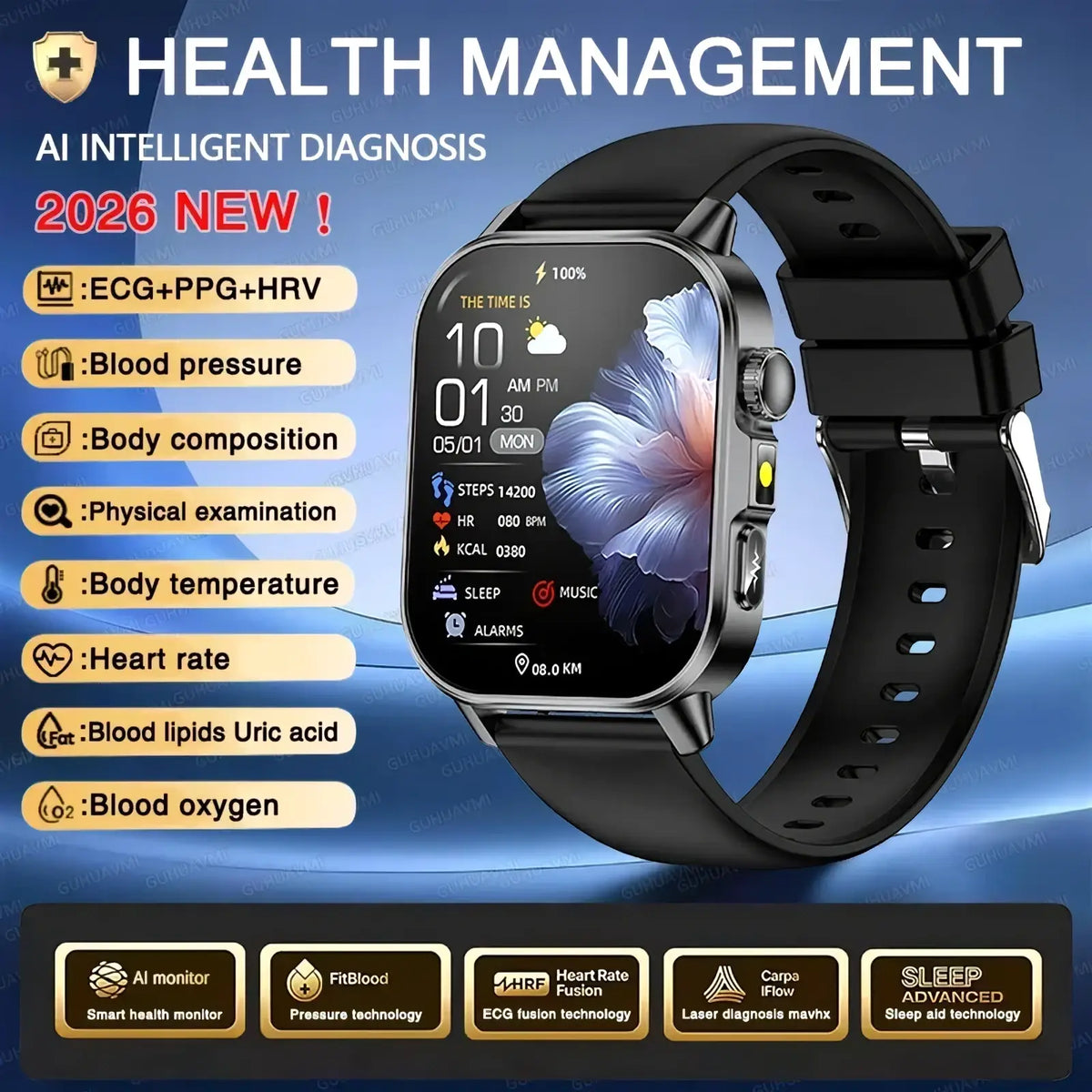 Black ECG health monitoring smartwatch with rectangular screen, floral wallpaper, and black silicone strap for blood pressure tracking