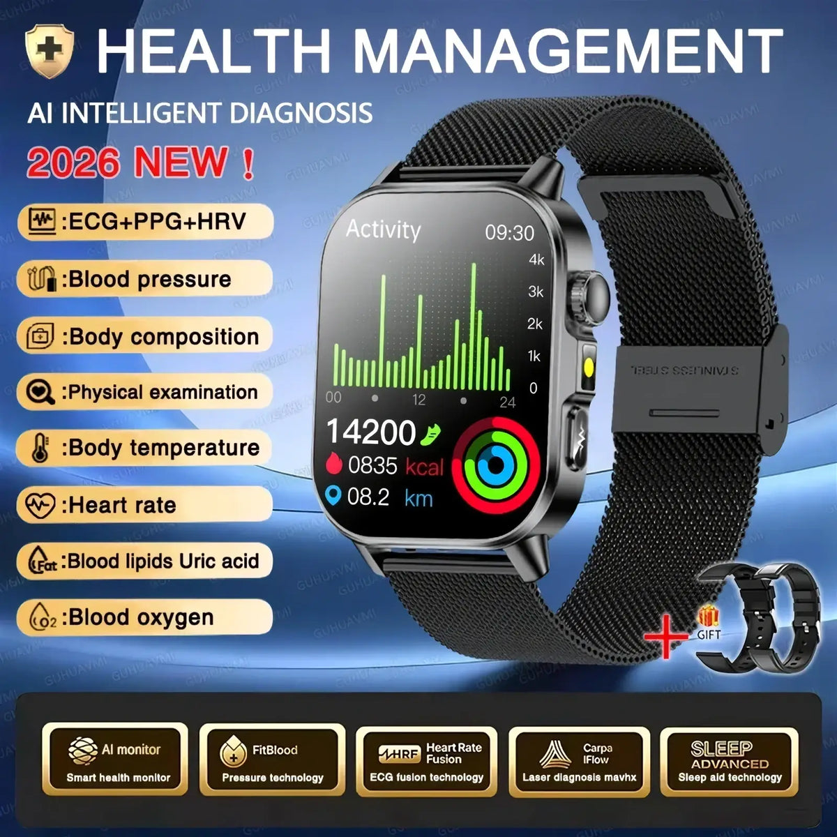 Black mesh band ecg health monitoring smart watch with rectangular screen displaying blood pressure and activity data