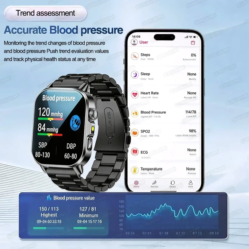 Black metal-link ecg health monitoring smartwatch displaying blood pressure readings and health metrics on digital screen