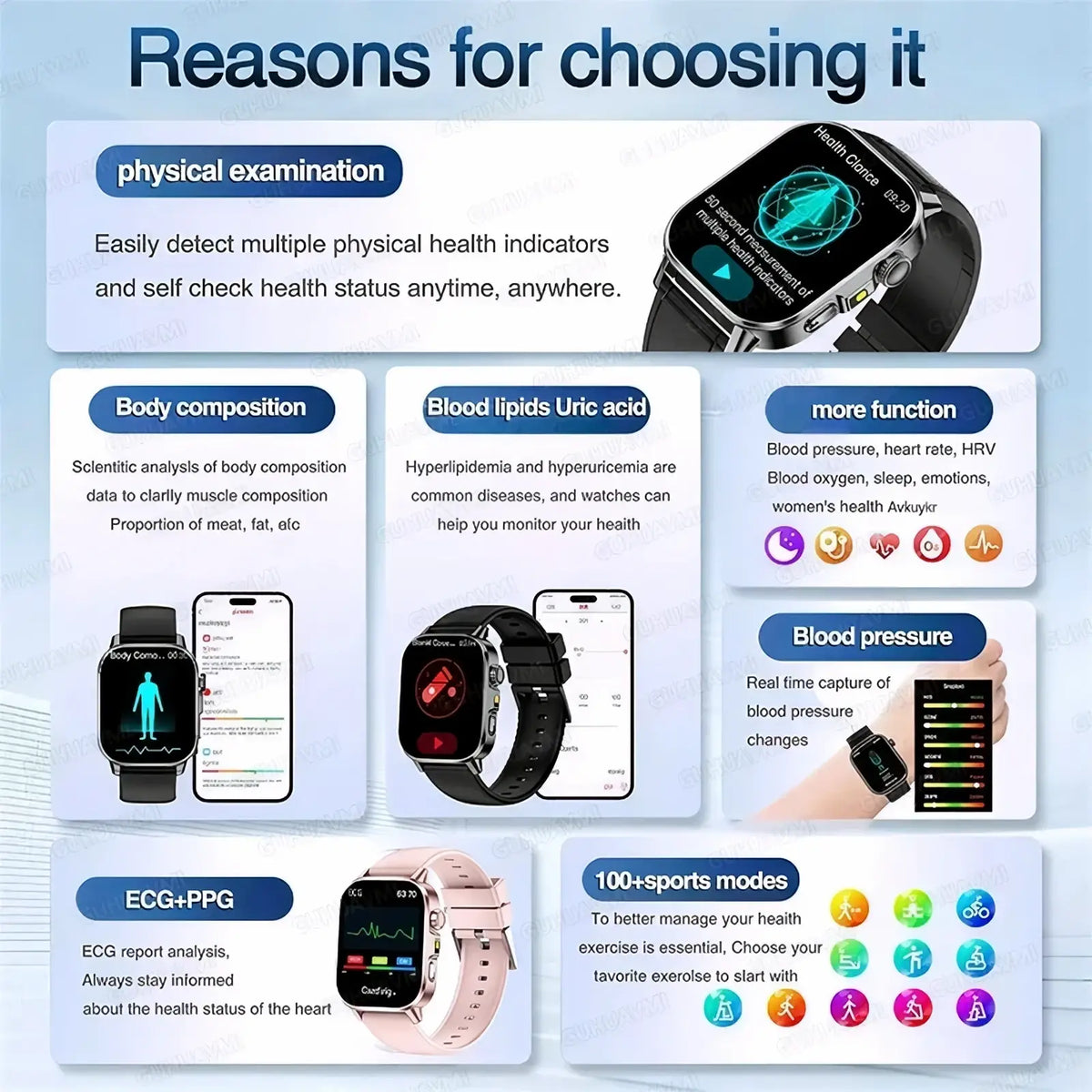 Black and pink ecg health monitoring smartwatches displaying blood pressure tracking on a digital interface
