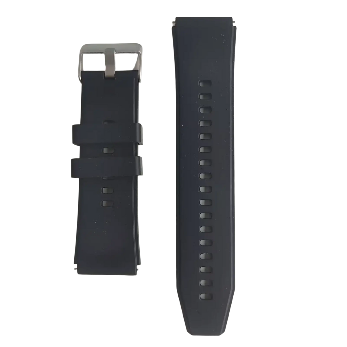 Black rubber watch strap with silver-toned buckle for ecg health monitoring smart watch blood pressure tracker