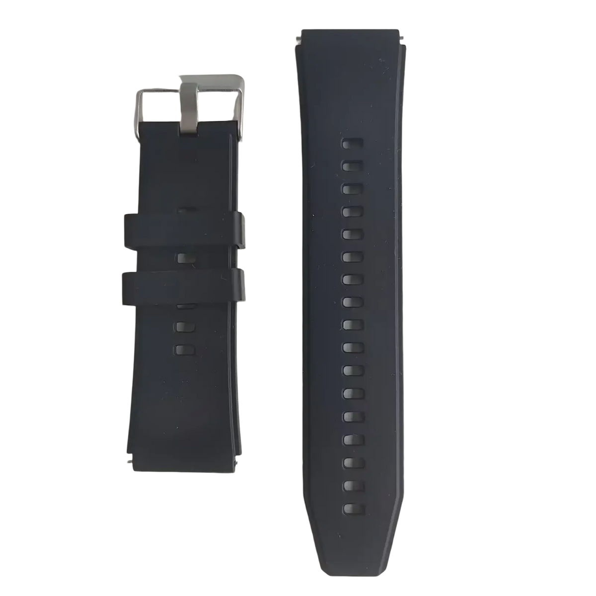 Black rubber watch strap with silver-toned buckle for ecg health monitoring smart watch and blood pressure tracker