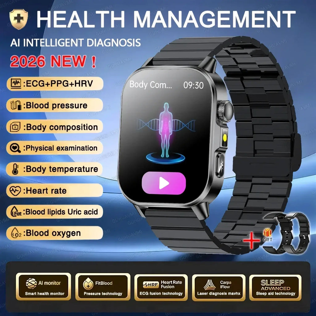 Black metallic ecg health monitoring smart watch with sleek rectangular screen displaying blood pressure and ai diagnostics
