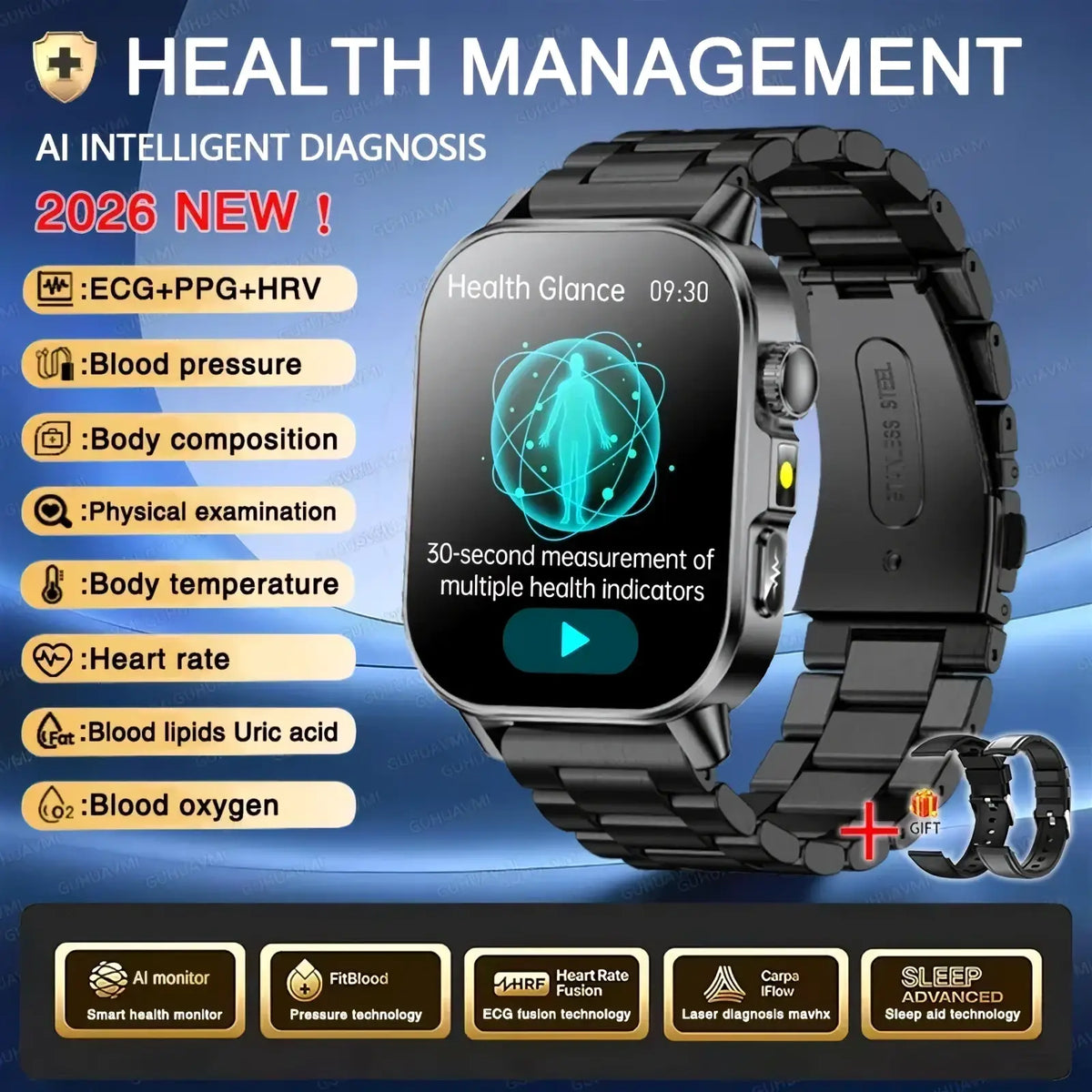 Black stainless steel ecg health monitoring smartwatch with sleek design and digital blood pressure tracker display