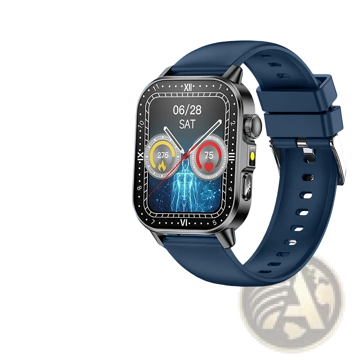 Ecg health monitoring smart watch with blue silicone strap silver metallic case and digital display showing health metrics