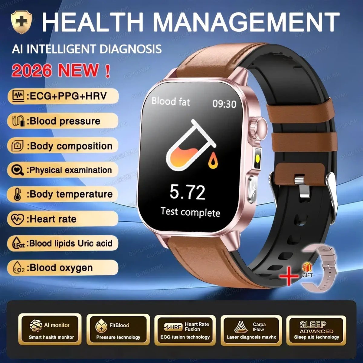 Rose gold ecg health monitoring smartwatch with brown leather strap and black silicone accents displaying health metrics