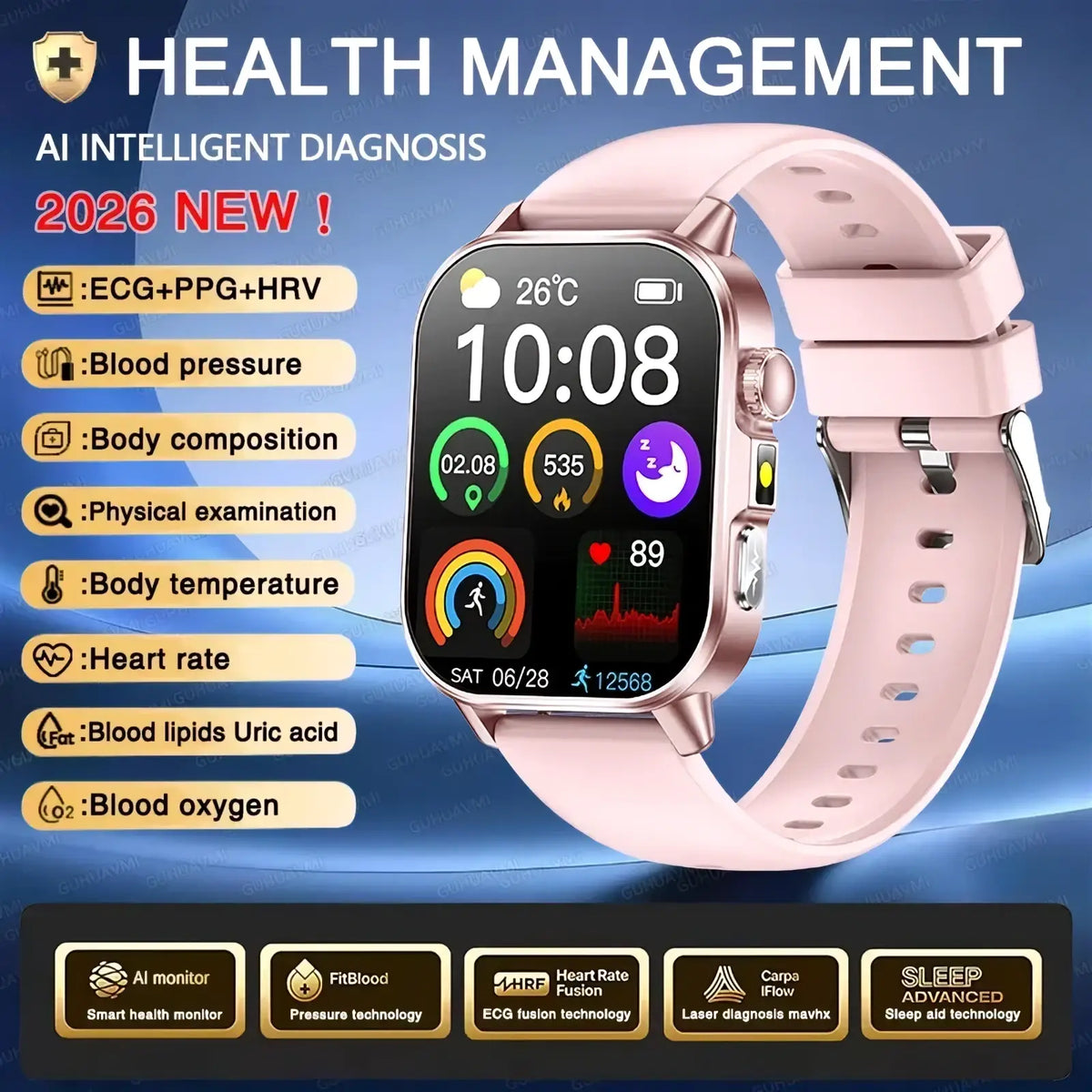 Pink silicone strap ecg health monitoring smartwatch with rose gold case and rectangular screen displaying health metrics