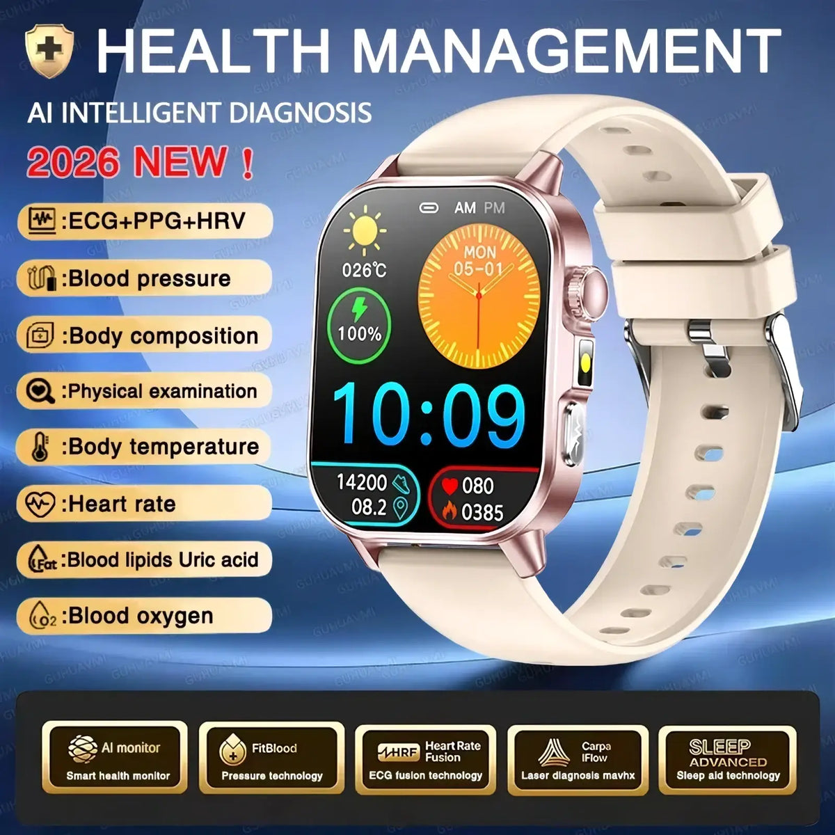 A sleek rose gold-framed ecg health monitoring smartwatch with cream silicone strap displaying health metrics