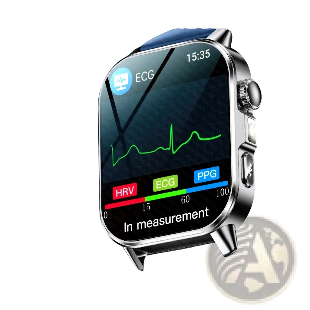Silver framed ecg health monitoring smartwatch with black screen showing ecg and ppg readings and blue silicone strap