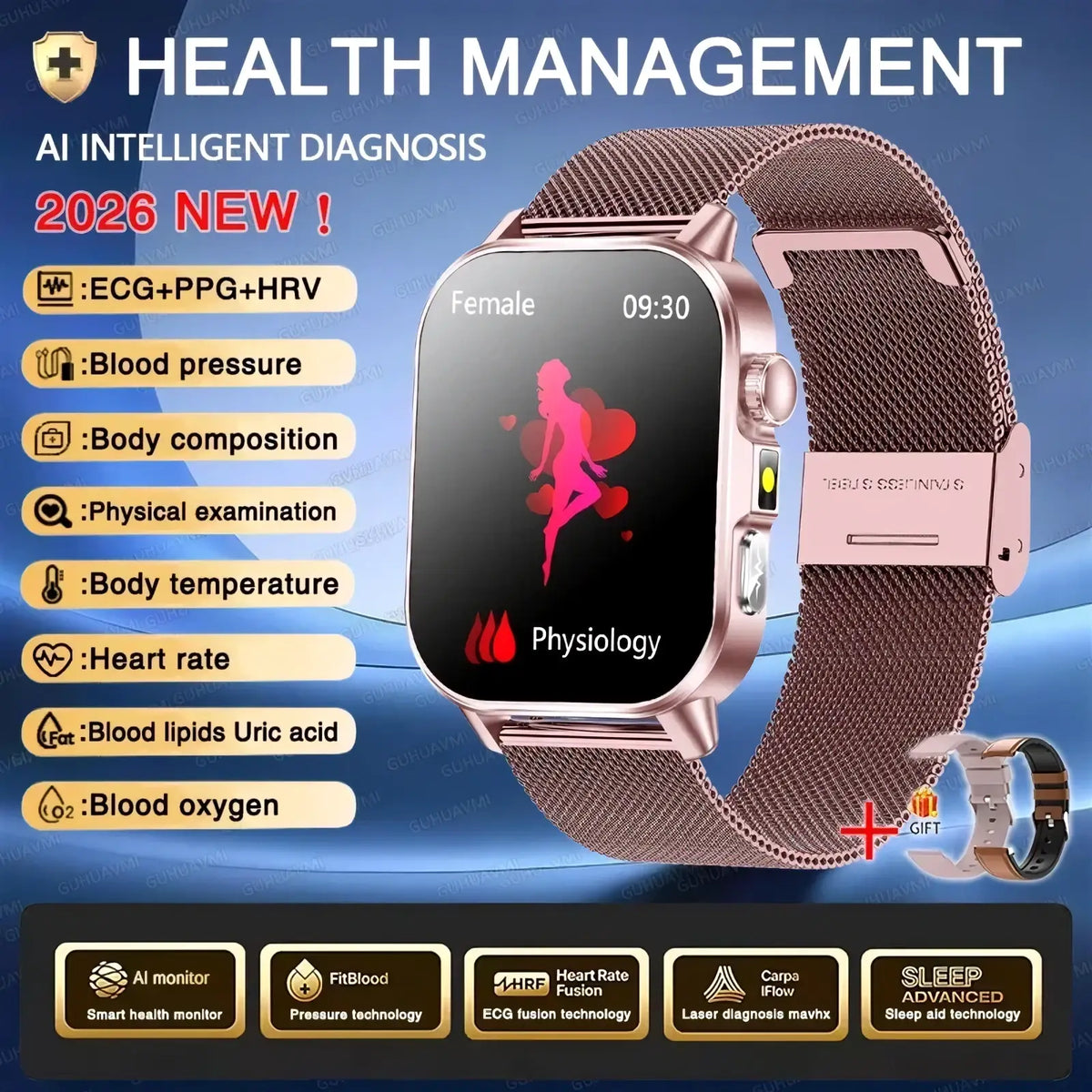 Rose gold mesh band ecg health monitoring smartwatch with rectangular screen showing blood pressure and female silhouette