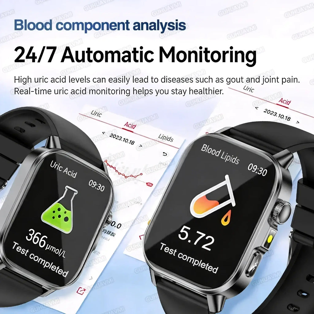 Ecg health monitoring smart watch with sleek metallic case and black strap displaying real-time blood analysis