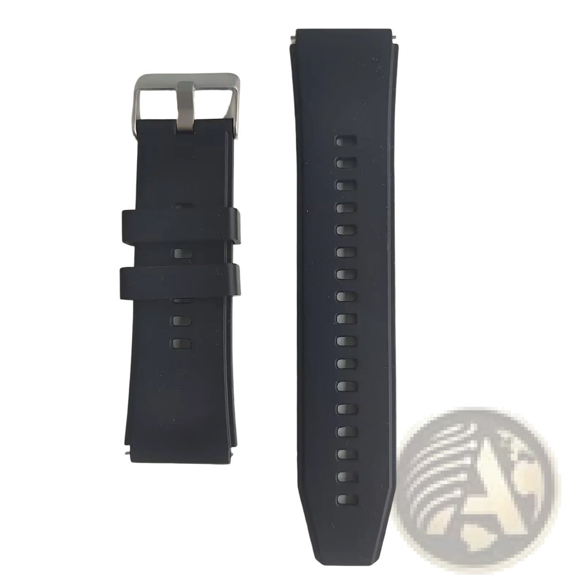 Black rubber watch strap with silver-toned buckle for ecg health monitoring smart watch blood pressure tracker