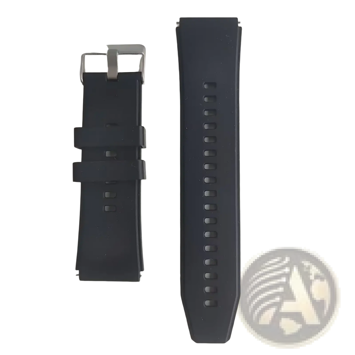 Black rubber watch strap with silver-toned buckle for ecg health monitoring smart watch and blood pressure tracker