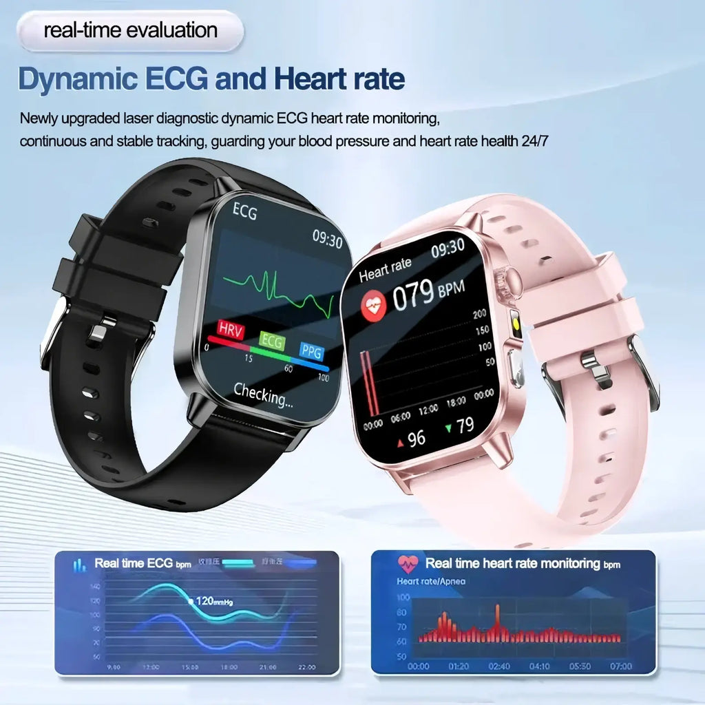 Two ecg health monitoring smartwatches with black and pink silicone straps showing heart rate and blood pressure data
