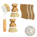 Eco friendly kitchen brush set with six bamboo-handled dish brushes and natural coconut fiber scrubbers