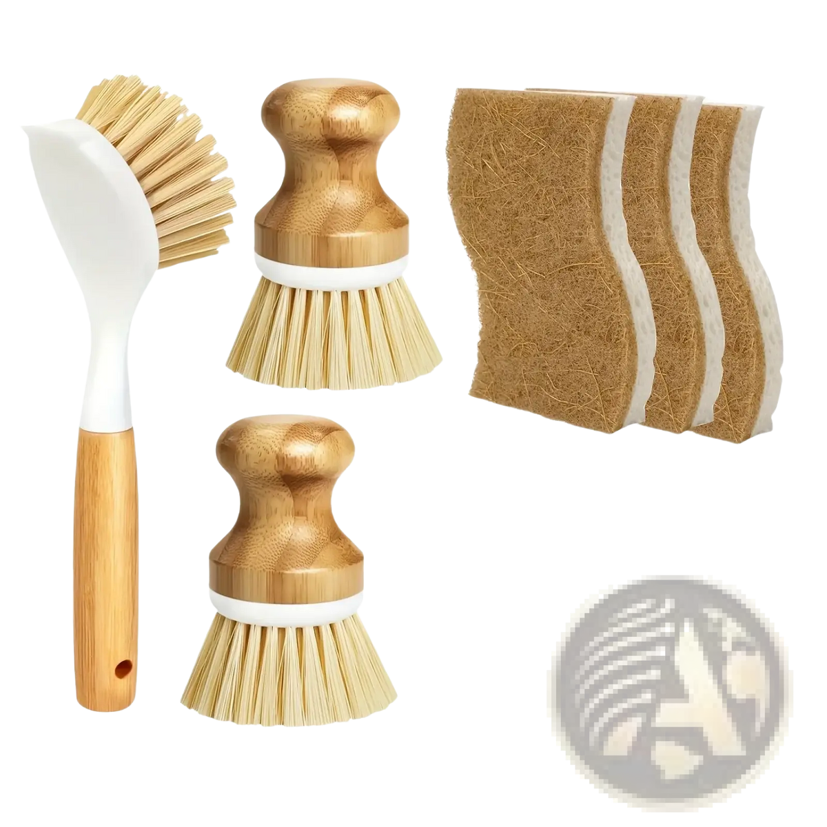 Eco friendly kitchen brush set with six bamboo-handled dish brushes and natural coconut fiber scrubbers