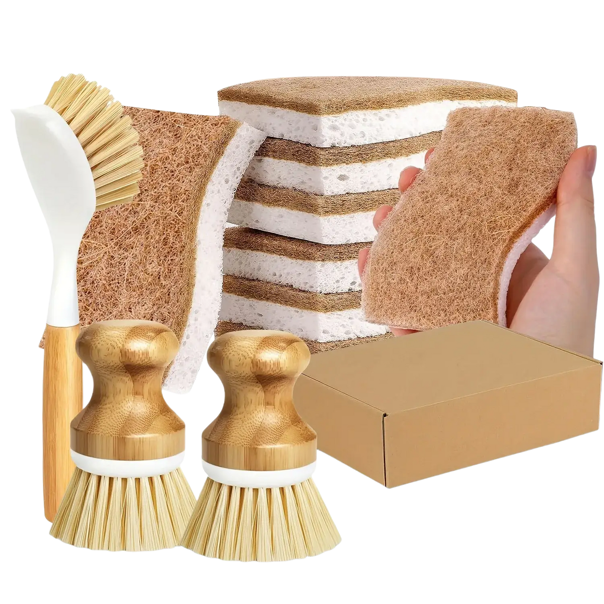 Set of eco friendly kitchen brushes with bamboo handles natural bristles and brown sponge scrubbers for cleaning tasks