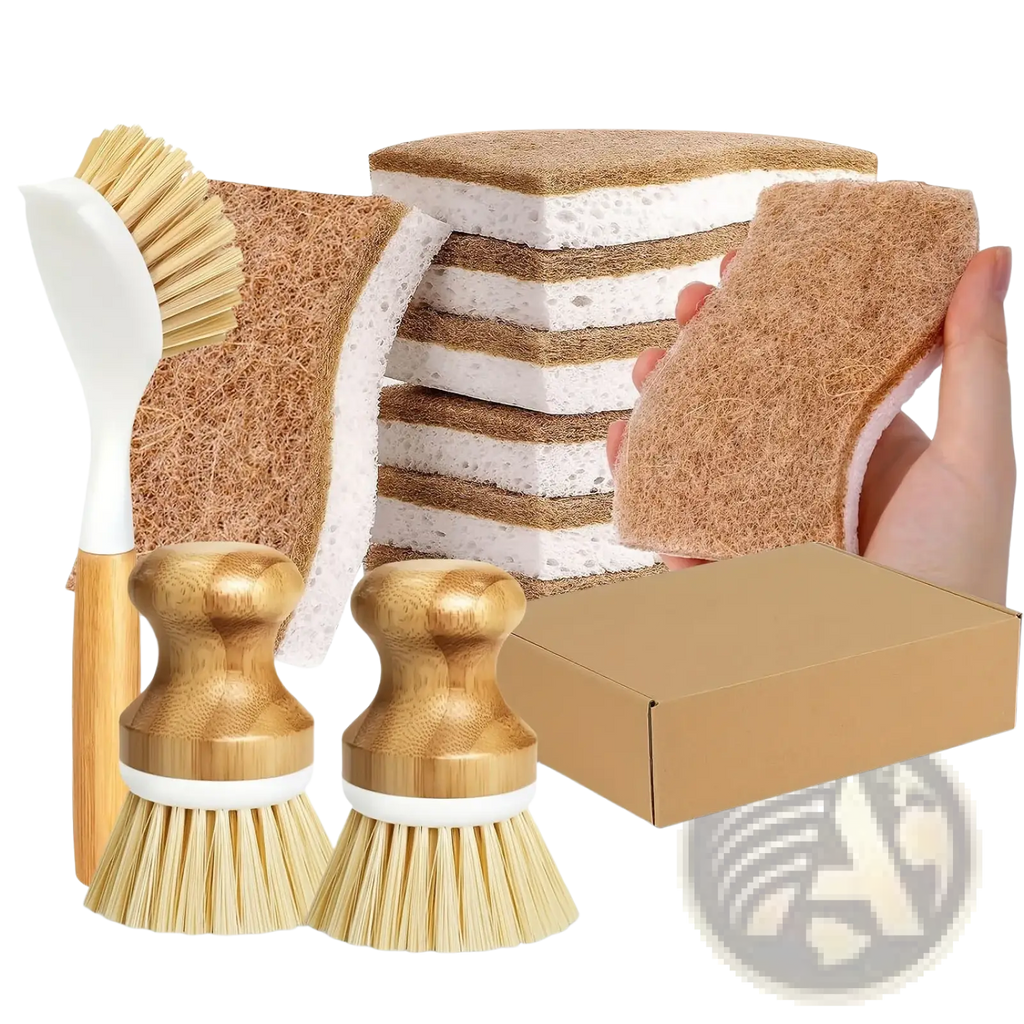 Set of eco friendly kitchen brushes with bamboo handles natural bristles and brown sponge scrubbers for cleaning tasks