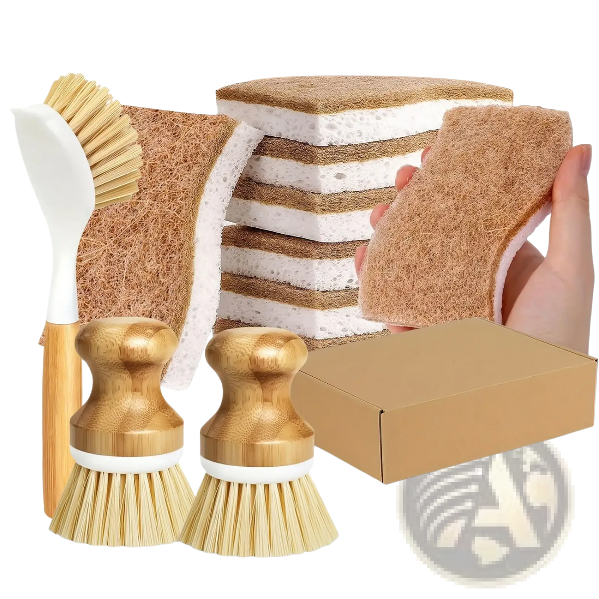 Set of eco friendly kitchen brushes with bamboo handles natural bristles and brown sponge scrubbers for cleaning tasks