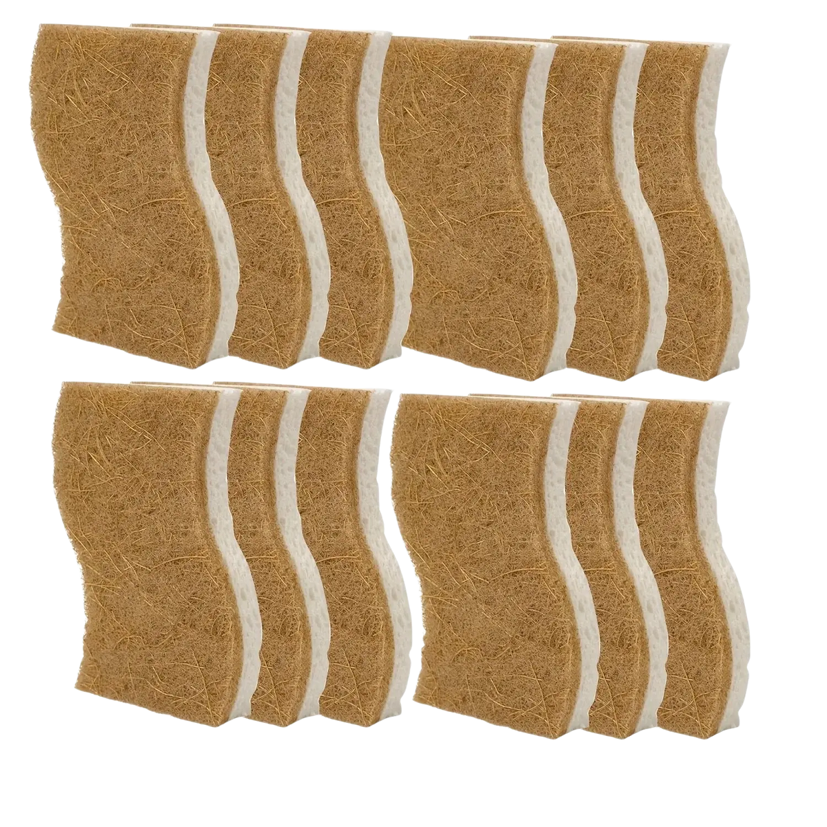 Eco friendly kitchen brush set of twelve brown and white coconut fiber scrubbing sponges with wavy edges