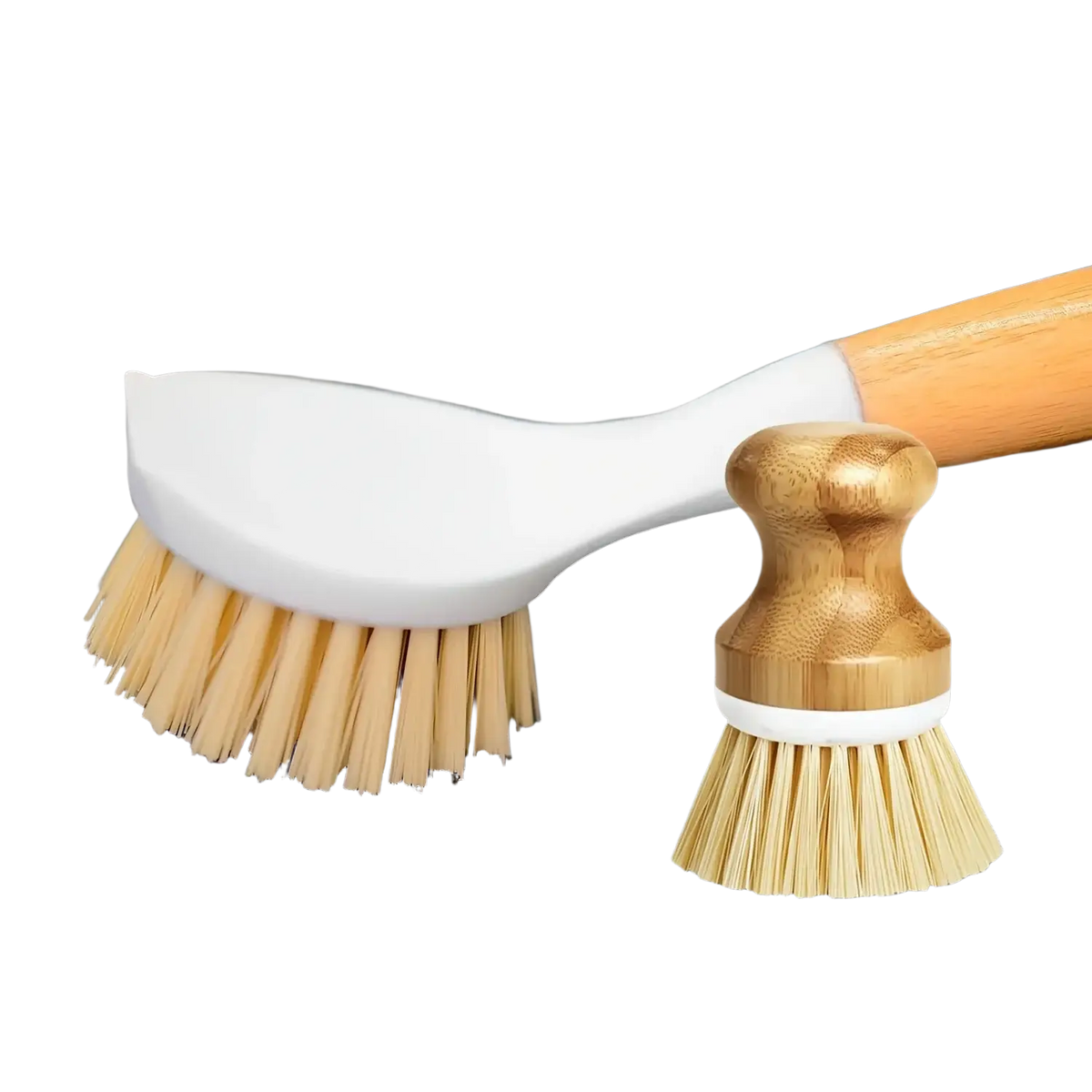 Eco friendly kitchen brush set with a white plastic head brush and a bamboo handle brush with matching bristles