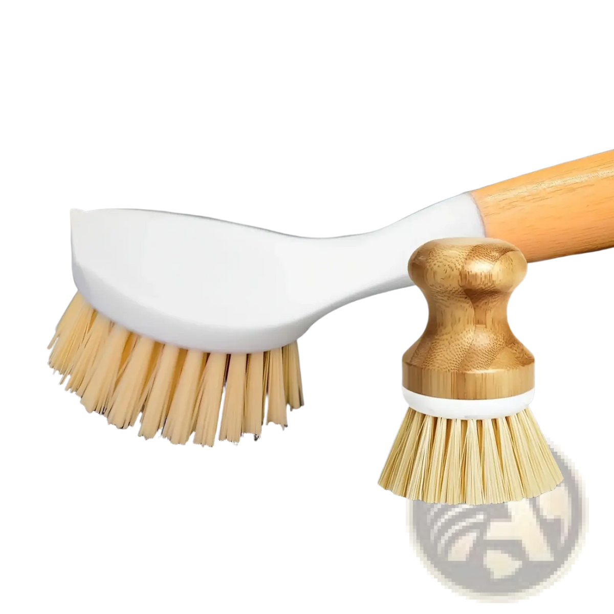 Eco friendly kitchen brush set with a white plastic head brush and a bamboo handle brush with matching bristles