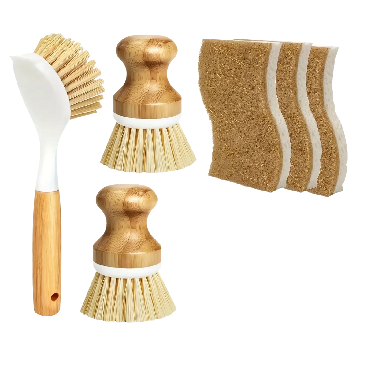 Eco friendly kitchen brush set with six bamboo-handled dish brushes and natural coconut fiber scrubbers