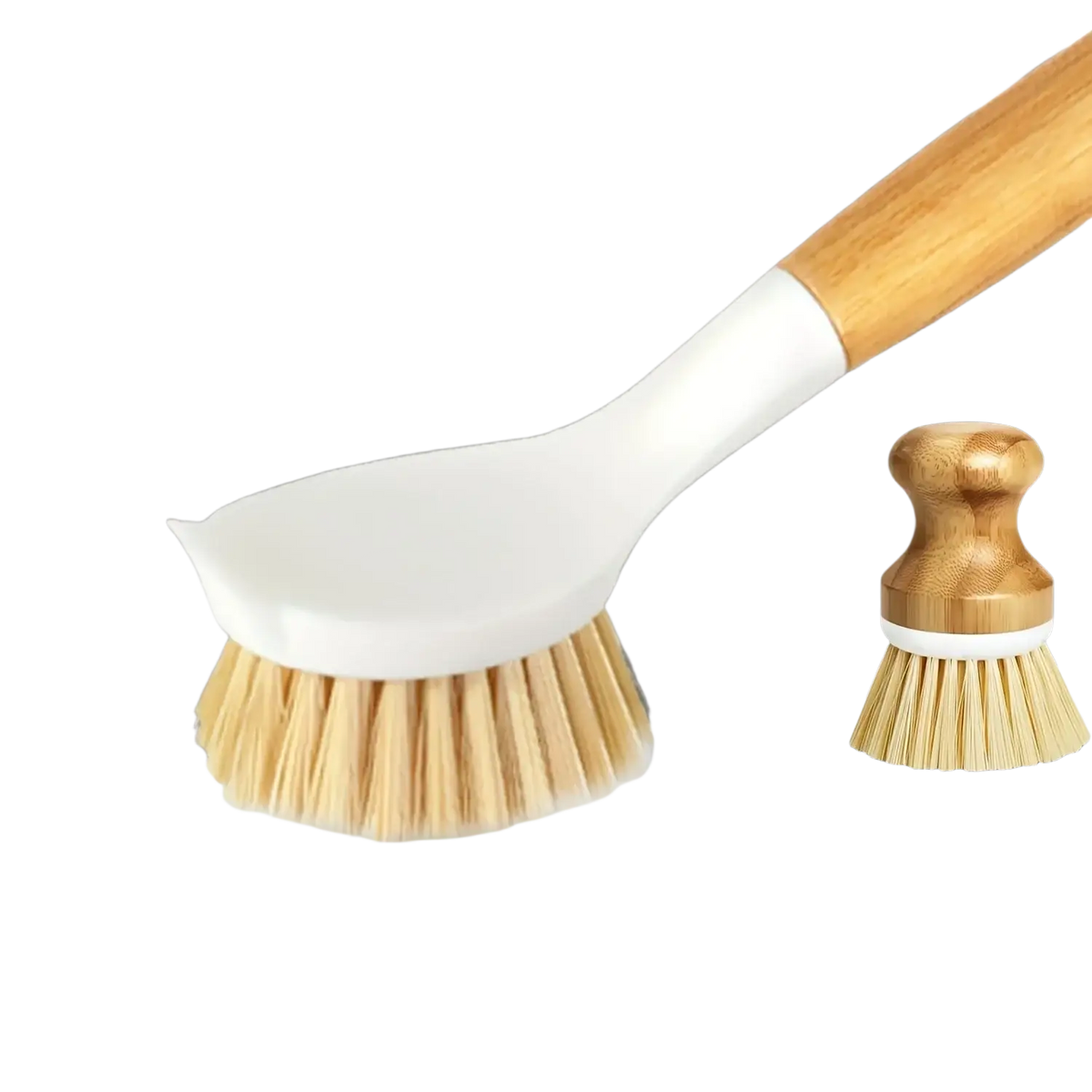 Eco friendly kitchen brush set featuring a sleek white dish brush with bamboo handle and natural bristles for cleaning