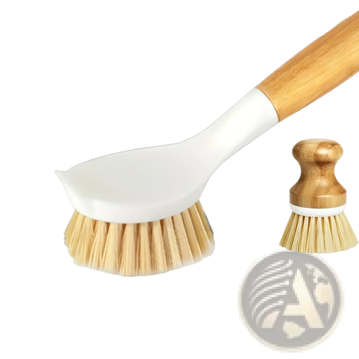 Eco friendly kitchen brush set featuring a sleek white dish brush with bamboo handle and natural bristles for cleaning