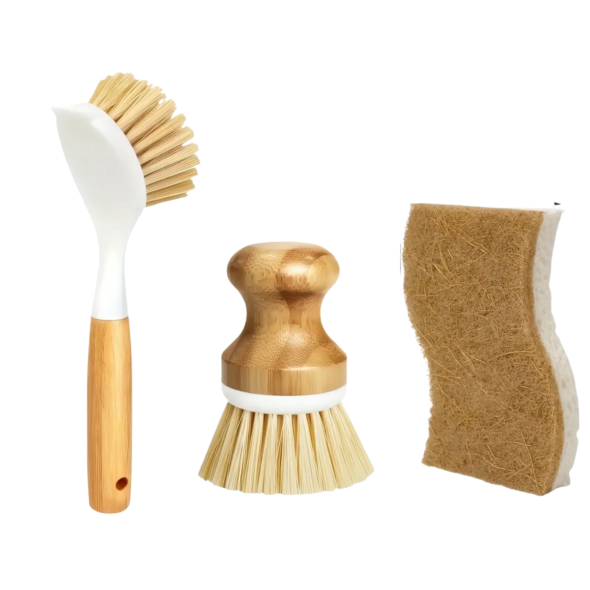 Set of three eco friendly kitchen brushes with wooden and bamboo handles and a natural fiber sponge pad for cleaning tasks