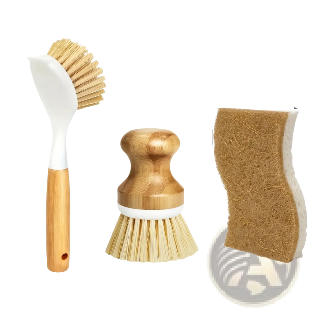 Set of three eco friendly kitchen brushes with wooden and bamboo handles and a natural fiber sponge pad for cleaning tasks