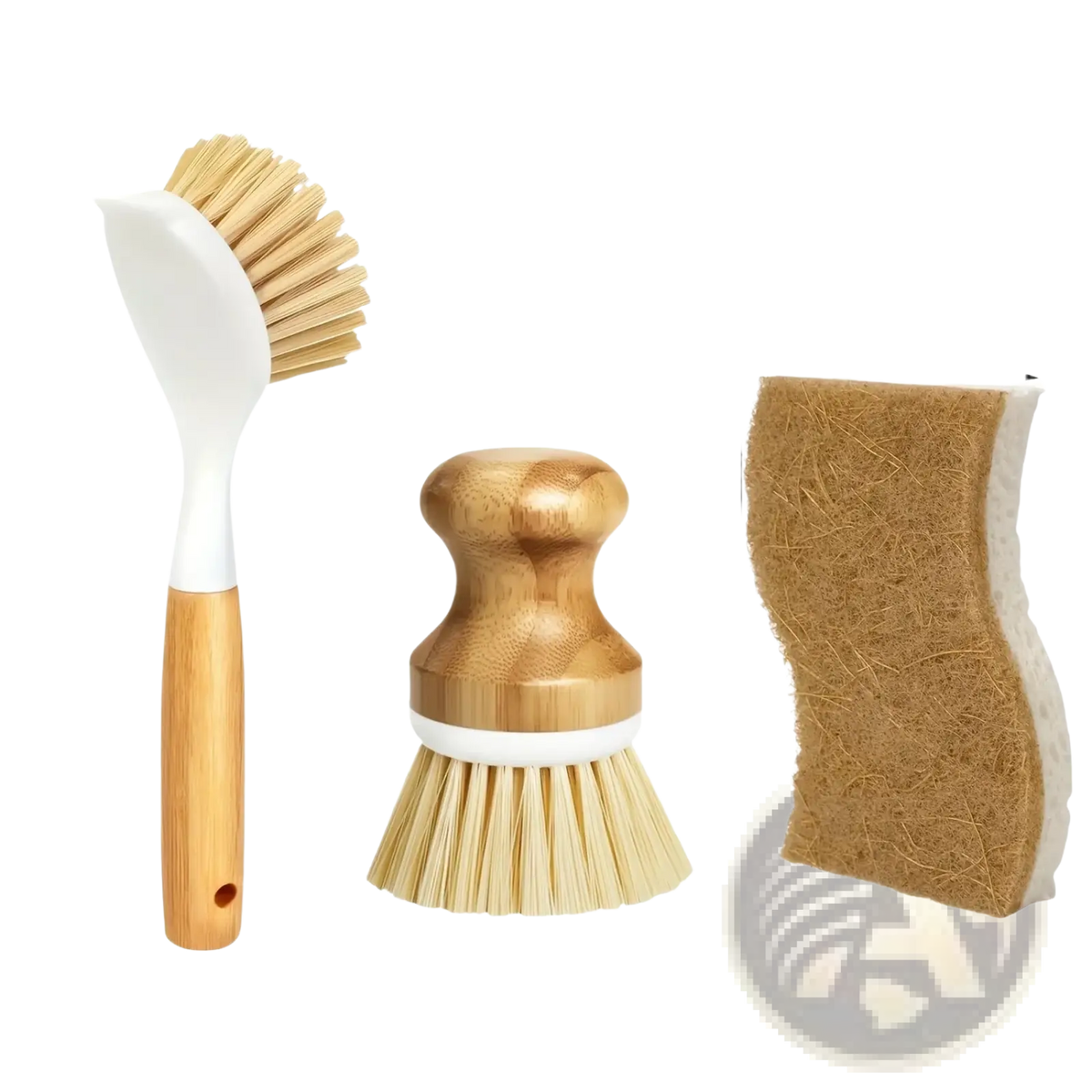 Set of three eco friendly kitchen brushes with wooden and bamboo handles and a natural fiber sponge pad for cleaning tasks