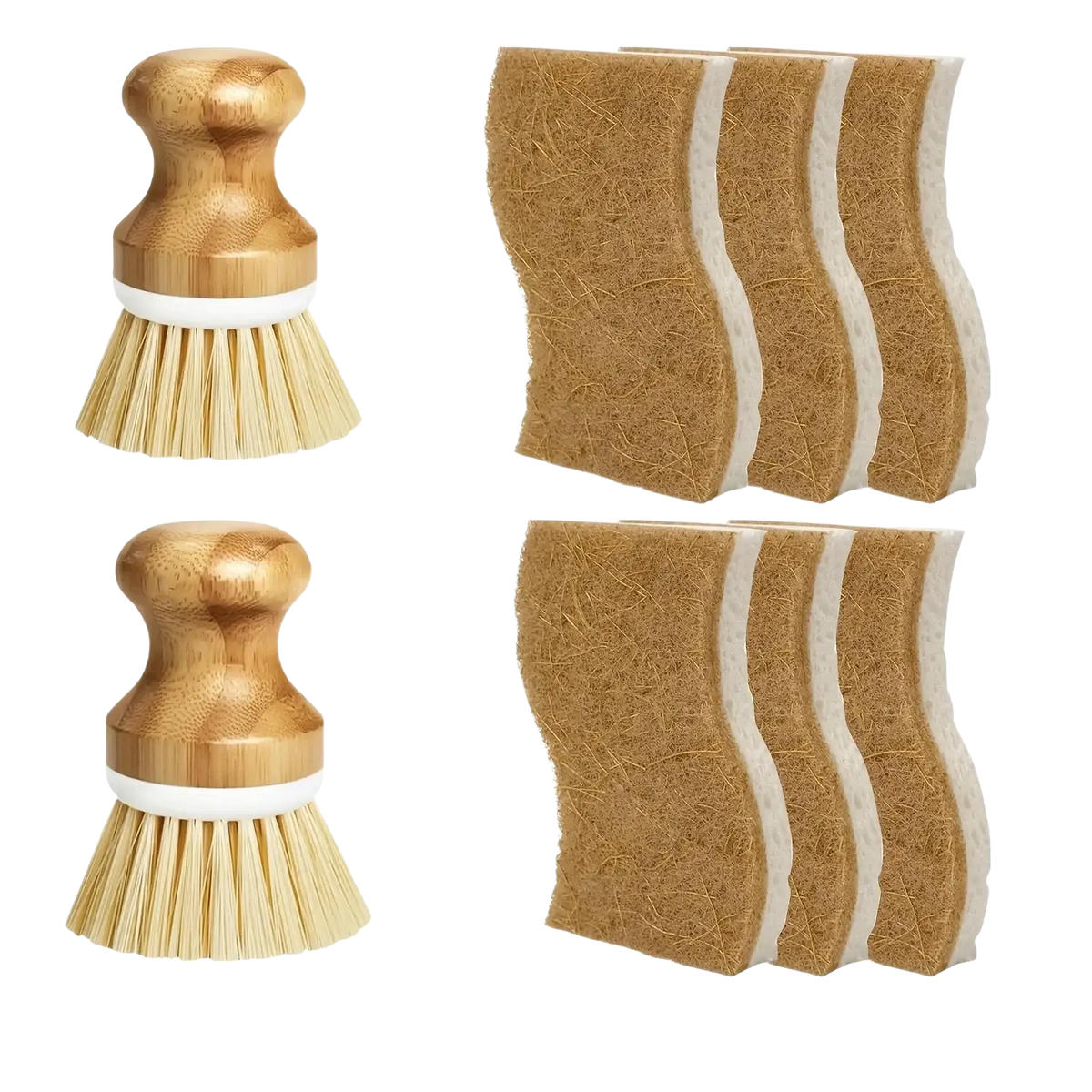 Eco friendly kitchen brush set with two bamboo handled dish brushes and four brown coconut fiber scrub sponges