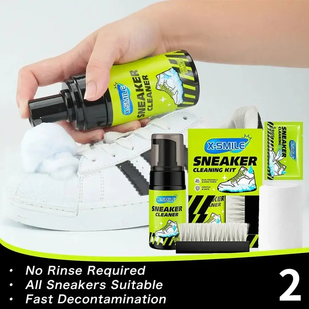 Bright green and black x-smile eco friendly shoe cleaning care kit with foam spray bottles brush and wipes for sneaker care