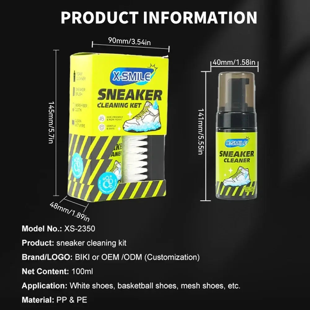 Eco friendly cleaning care kit in a bright yellow and black striped box with a white brush and clear pump bottle