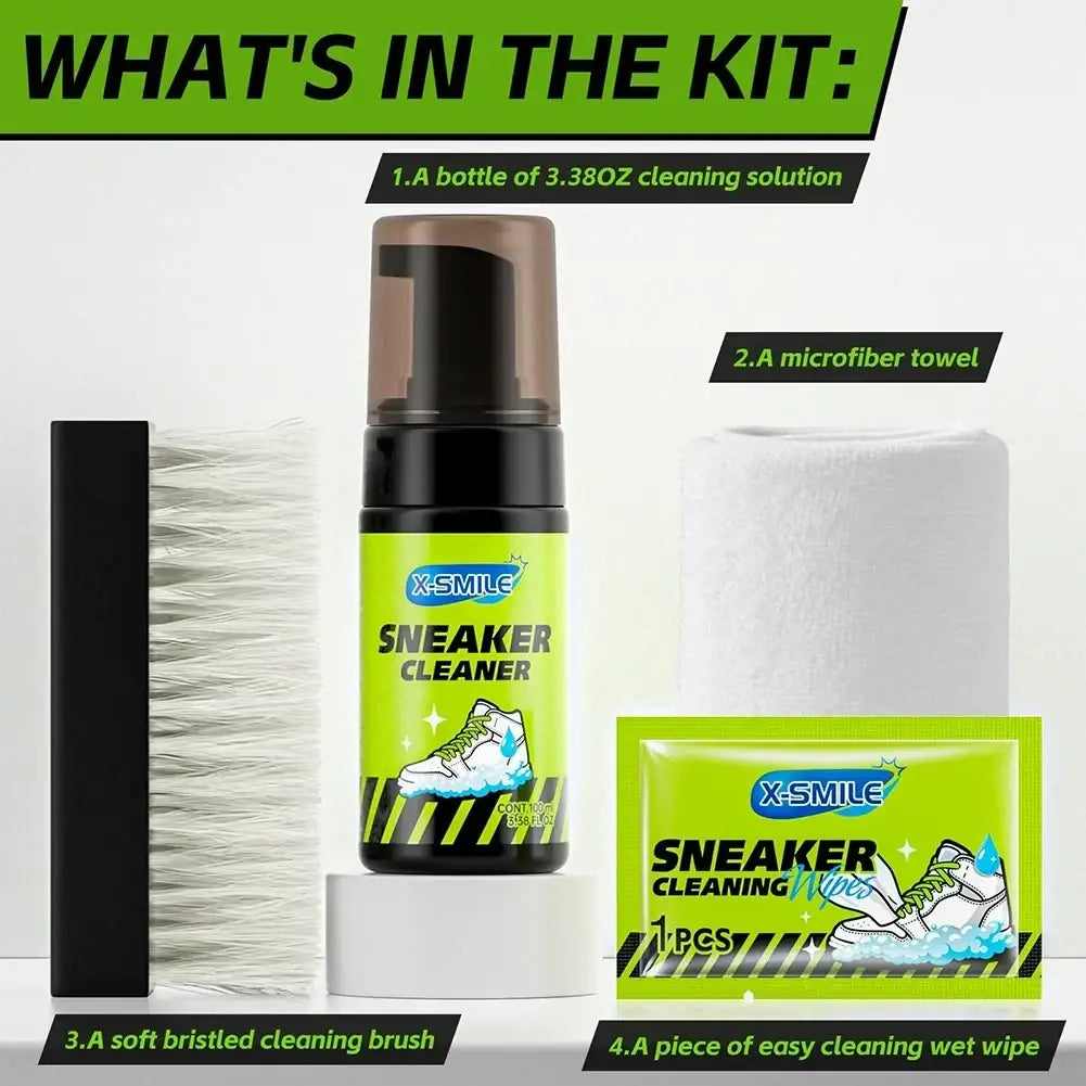 Green and black x-smile eco friendly sneaker cleaner bottle with brown pump top in a shoe cleaning care kit