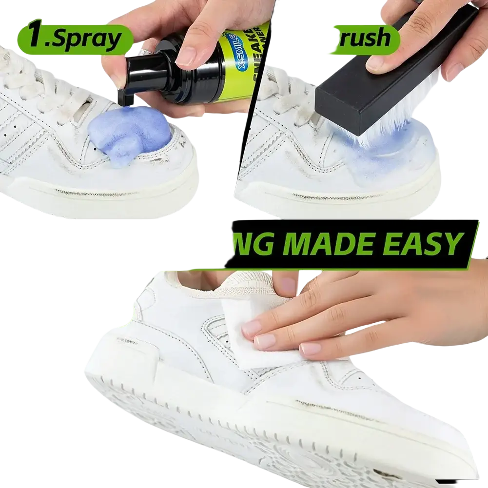 White canvas sneakers being cleaned with blue foam cleaner and brush from eco friendly shoe cleaning care kit