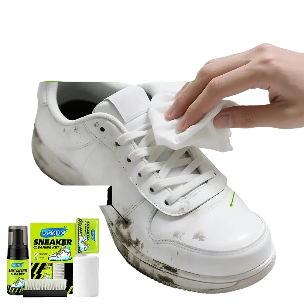 White sneaker being cleaned with cloth showing before and after results using eco friendly cleaning care kit