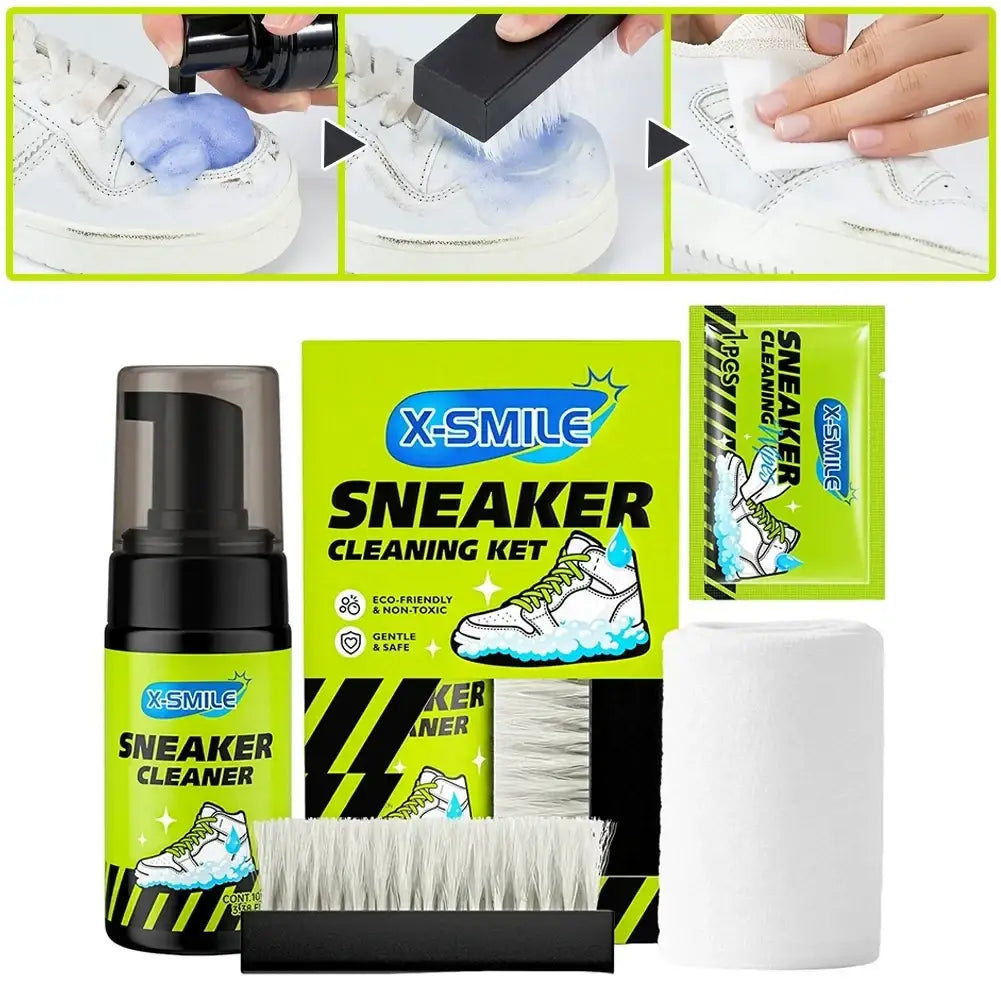 X-smile eco friendly shoe cleaning care kit with foaming cleaner in black pump bottle, brush with black handle, and microfiber cloth