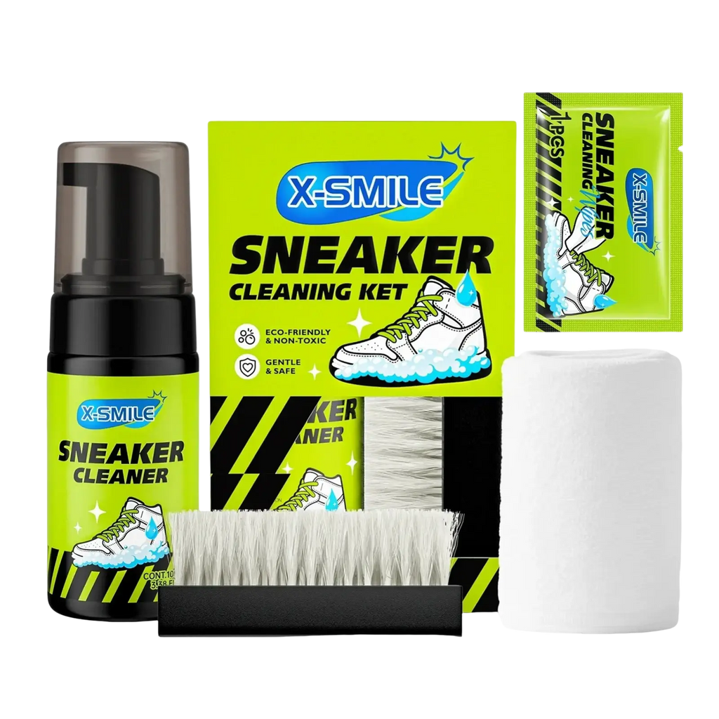 X-smile eco friendly sneaker cleaning care kit with lime green foam bottle black brush and white microfiber cloth