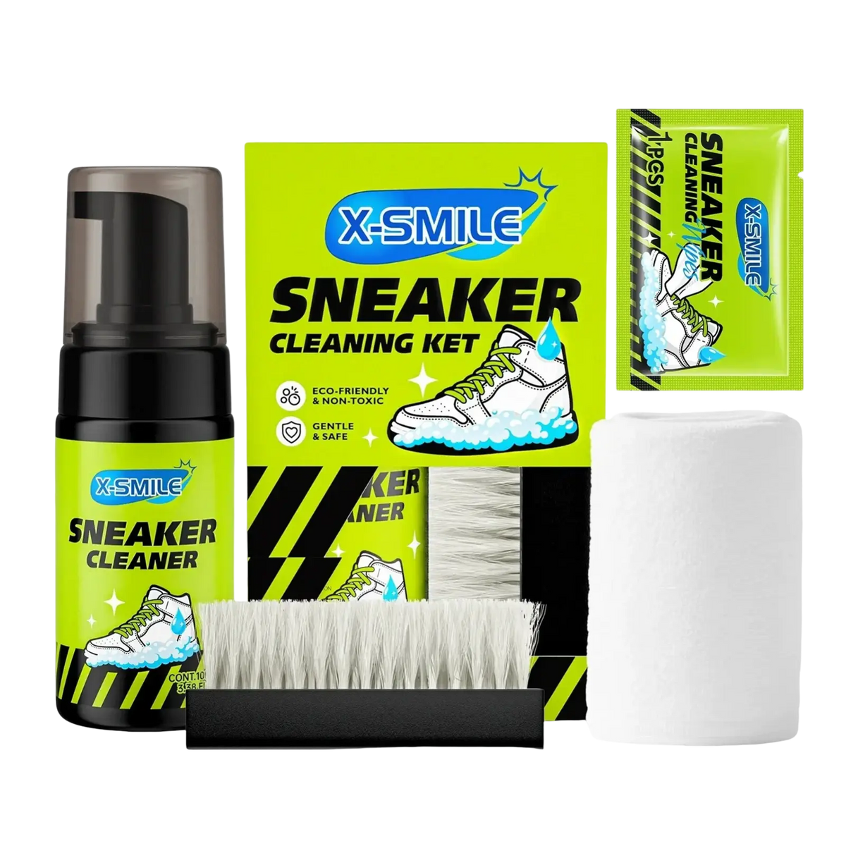 X-smile eco friendly sneaker cleaning care kit with lime green foam bottle black brush and white microfiber cloth