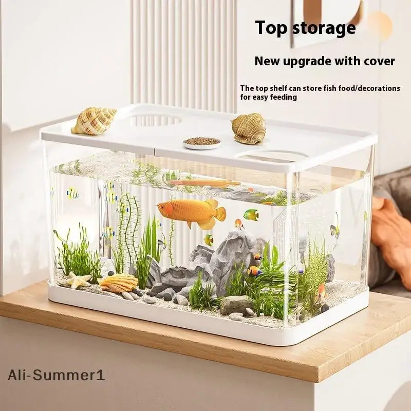 Ecological desktop fish tank transparent mini aquarium with clear acrylic body white lid aquatic plants and colorful fish