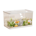 Ecological desktop fish tank with white rectangular transparent acrylic body, decorative plants, rocks, and colorful fish inside