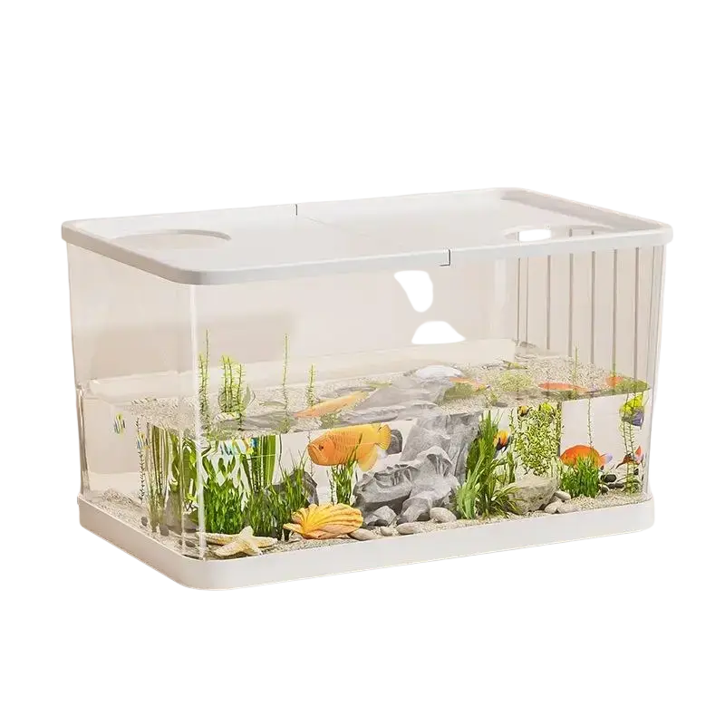 Ecological desktop fish tank with white rectangular transparent acrylic body, decorative plants, rocks, and colorful fish inside