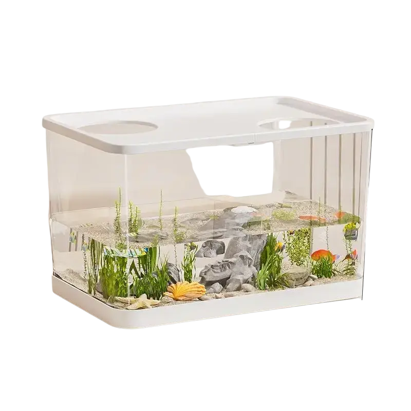 White rectangular ecological desktop fish tank with clear glass sides white lid base green plants and orange fish